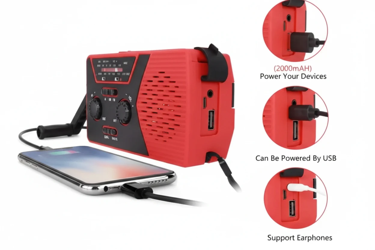 Wind Up Radio, Solar, Flashlight, Reading Lamp, USB Power - 5 in 1
