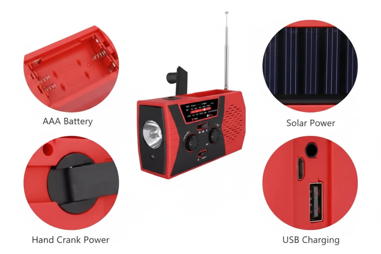Wind Up Radio, Solar, Flashlight, Reading Lamp, USB Power - 5 in 1